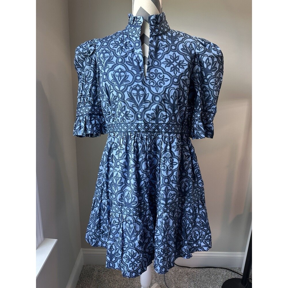 Gretchen Scott Blue Medallion Cotton Puff Sleeve Split Neck Mini Dress Small